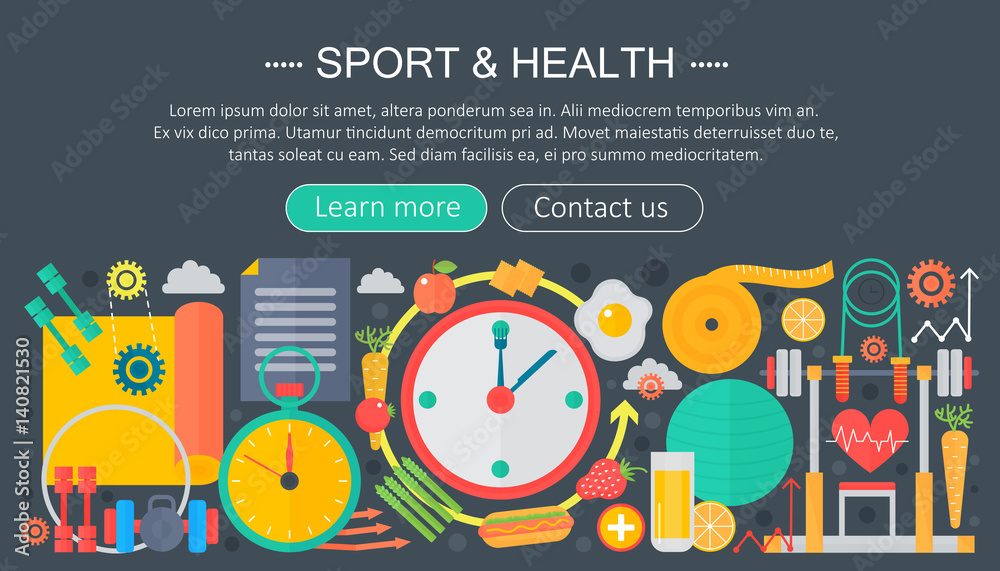 Healthy lifestyle concept with food and sport icons. Sport and fitness flat concept infographics header template design. Vector illustration.