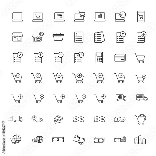 thin line online shopping icon set on white background, shopping icons set