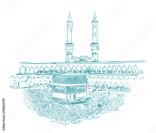 hand drawn sketch of Holy Kaaba in Mecca Saudi Arabia. vector illustration.