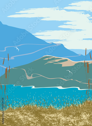 Vector summer landscape with a bay surrounded by mountains