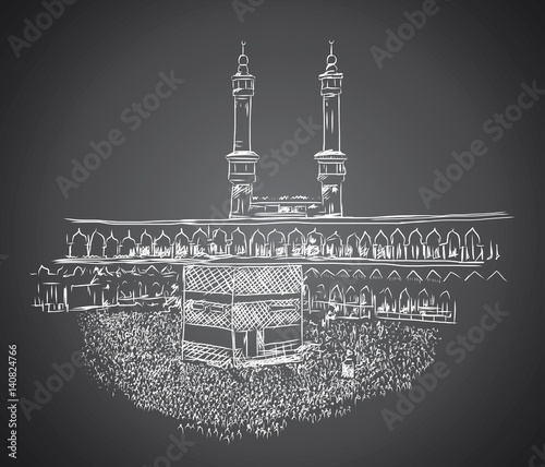 hand drawn sketch of Holy Kaaba in Mecca Saudi Arabia. vector illustration.