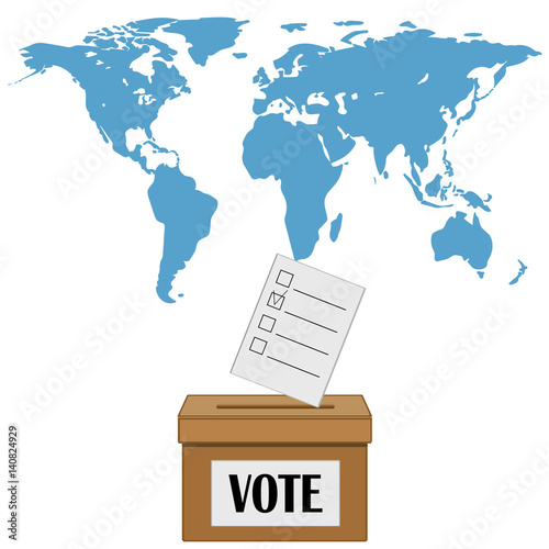 Vote concept. Carton box vote on background of world map. Flat design. Abstract concept. Vector illustration.