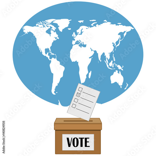 Vote concept. Carton box vote on background of world map. Flat design. Abstract concept. Vector illustration.