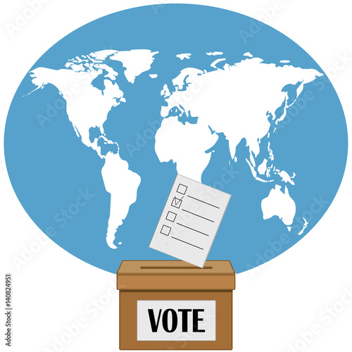 Vote concept. Carton box vote on background of world map. Flat design. Abstract concept. Vector illustration.