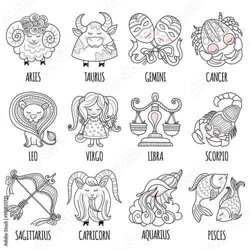 Set illustration with cartoon zodiac signs. Freehand drawing