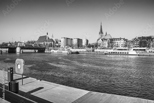 Black and white picture of Szczecin (Stettin) waterfront, boulevard view, Poland.