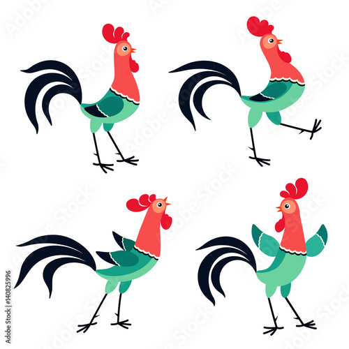 Set of cartoon rooster in various poses isolated on white background