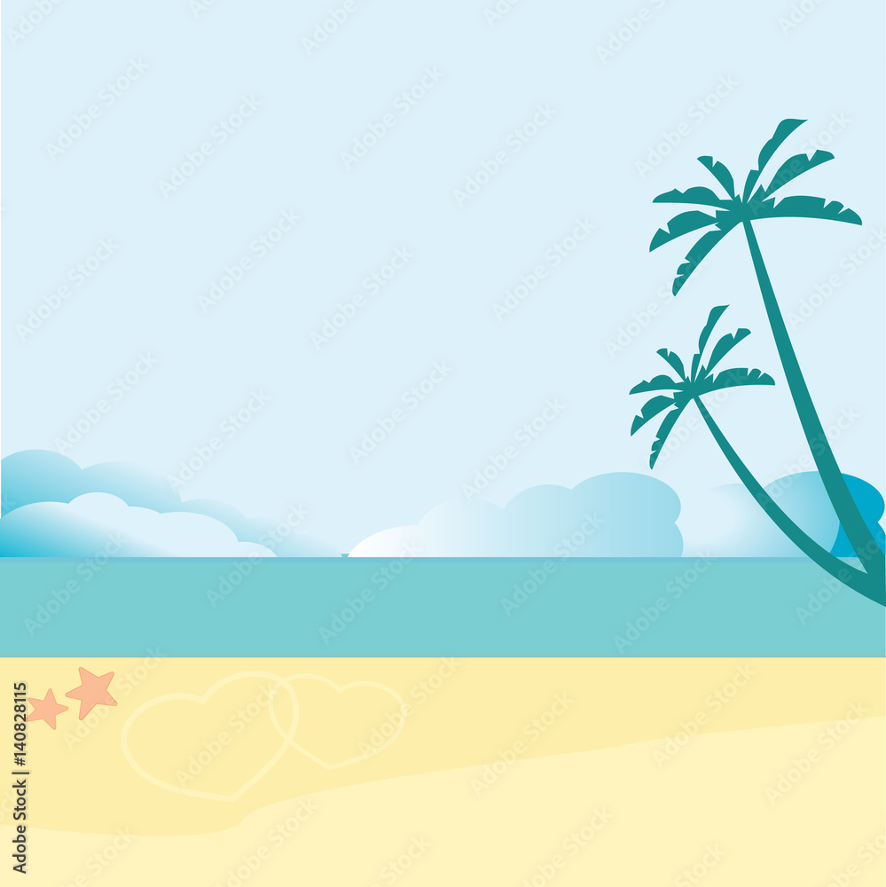 Vacation background. Beach with palm trees and blue sea. Vector image. 