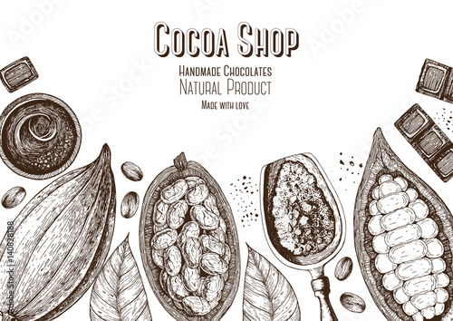 Vector illustration frame with cocoa products. Handmade chocolate, organic food. Vintage elements for design.