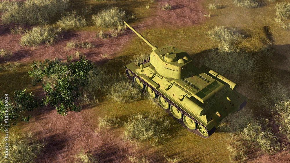 Top view of old soviet tank T 34, primary battle tank of russian army