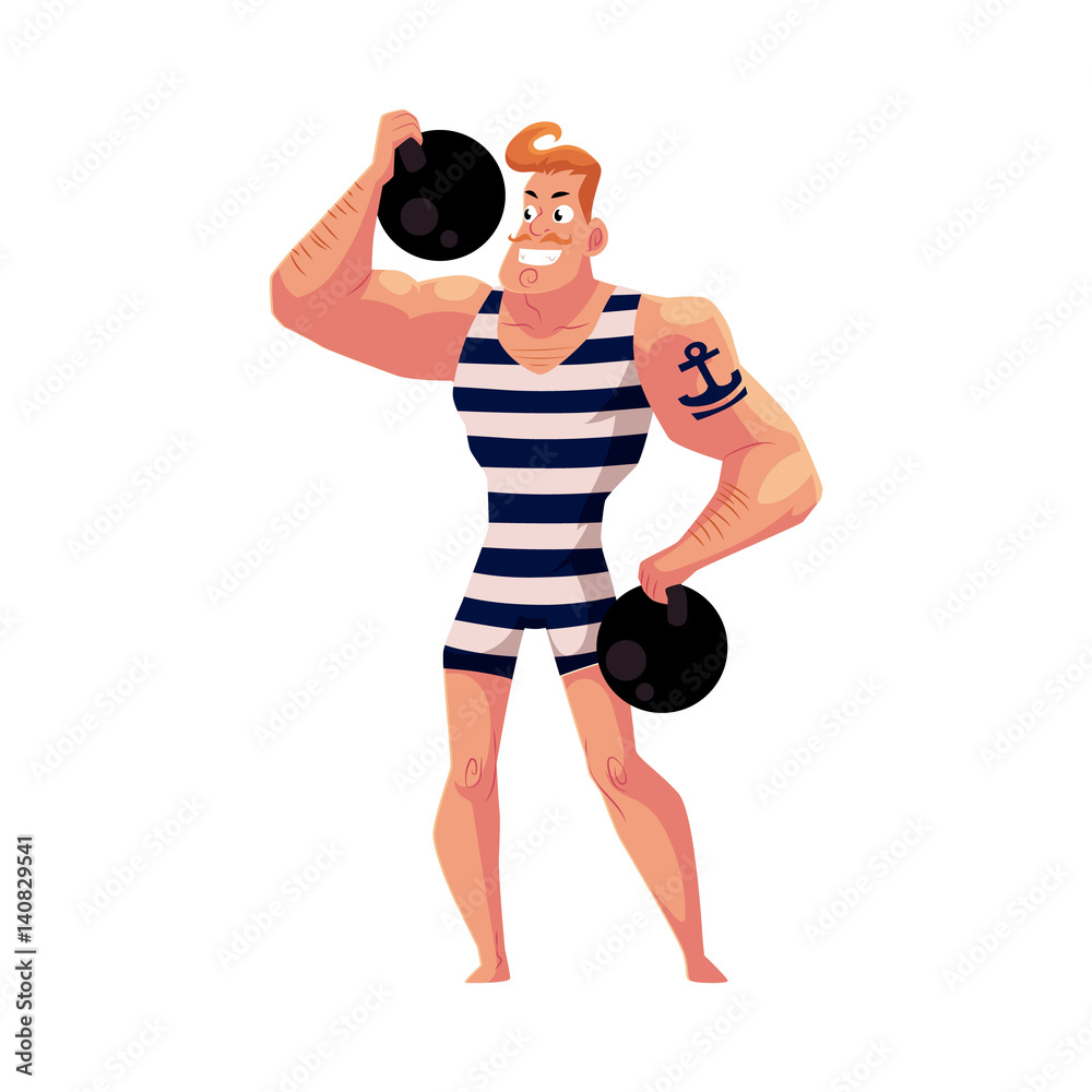 Strongman, strong man circus performer, weightlifter, power lifter with  cannon balls, cartoon vector illustration isolated on white background.  Strongman athlete, traditional circus performer, Stock Vector | Adobe Stock
