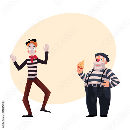 Two French mimes, young and old, in traditional costumes as symbols of France, cartoon vector illustration with place for text. French mime characters, slim and fat, young and old