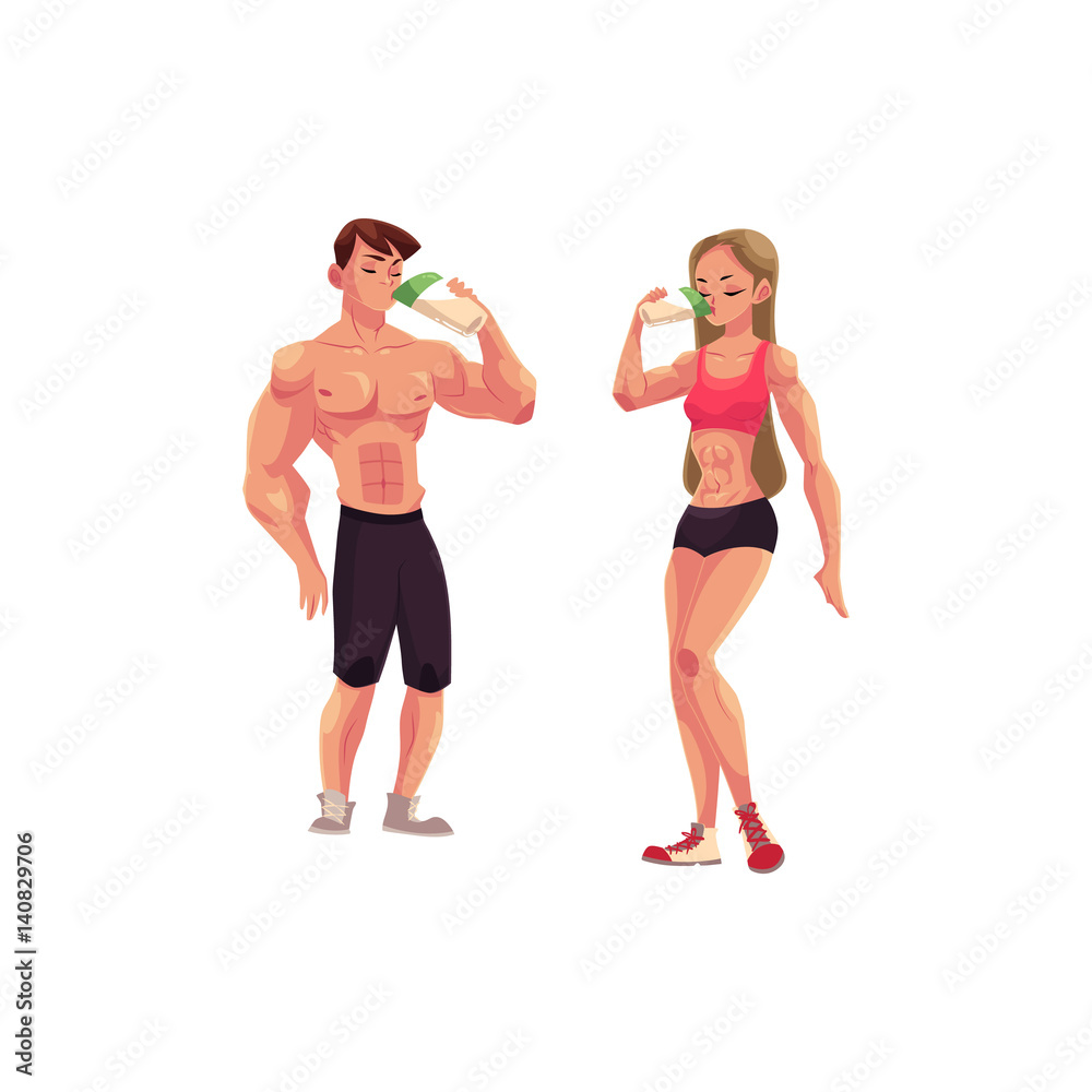Man and woman bodybuilders, weightlifters drinking protein shake after training, cartoon vector illustration isolated on white background. Full length portrait of man and woman drinking protein Man and woman bodybuilders, weightlifters drinking protein shake after training, cartoon vector illustration isolated on white background. Full length portrait of man and woman drinking protein