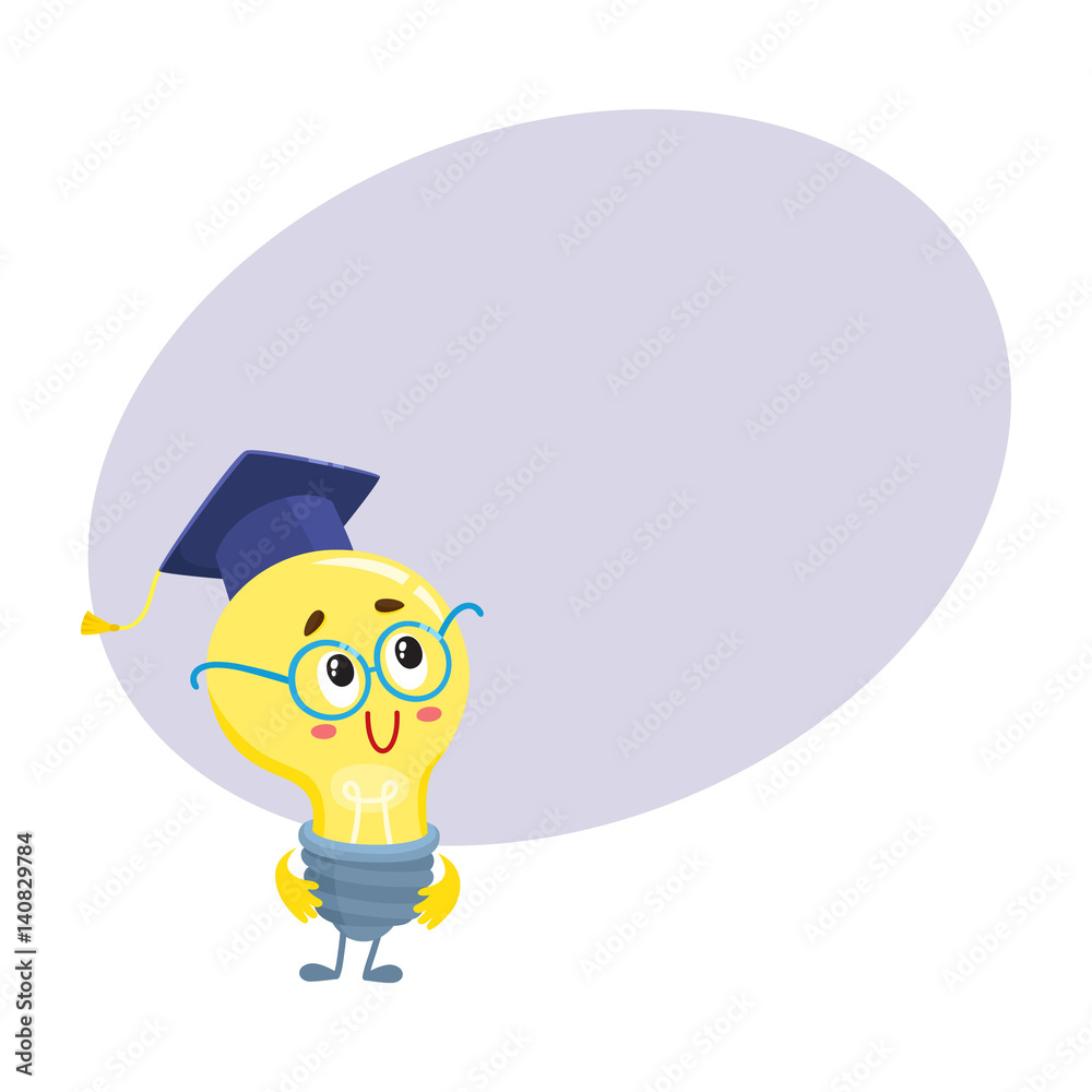 Cute light bulb character with funny face, wearing nerd round glasses and  graduation cap, cartoon vector illustration with place for text. Funny  light bulb clever character in glasses Stock Vector | Adobe