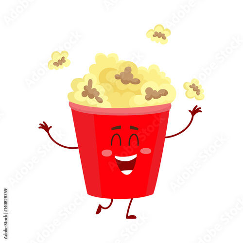 Cute and funny cinema popcorn in red bucket character with smiling human face, cartoon vector illustration isolated on white background. Smiling cinema popcorn bucket character, mascot