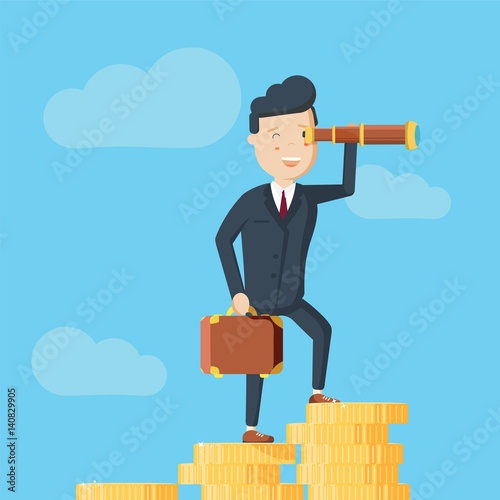 Businessman stands on a mountain of coins and looks afar through a spyglass.
