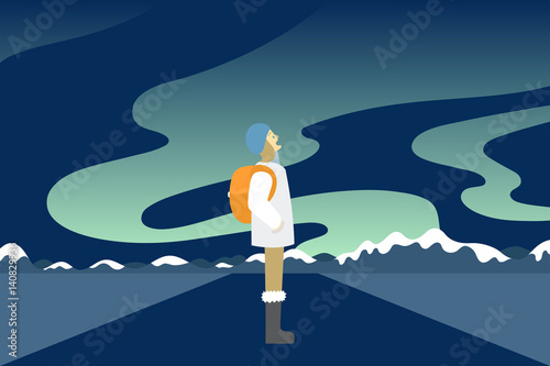 Vector illustration of young female traveler and Aurora in arctic