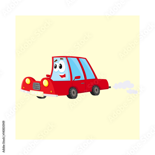 Cute and funny red car, auto character hurrying somewhere, cartoon vector illustration isolated on white background. Funny red car character, mascot hurrying, hasting somewhere at full speed