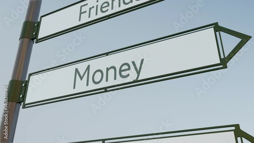 Money direction sign on road signpost with different life values captions. Conceptual 4K conceptual clip