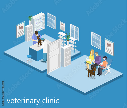 Flat 3D illustration Isometric interior of veterinary clinic.