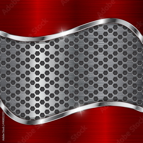 Red shiny metal background with hexagon holes