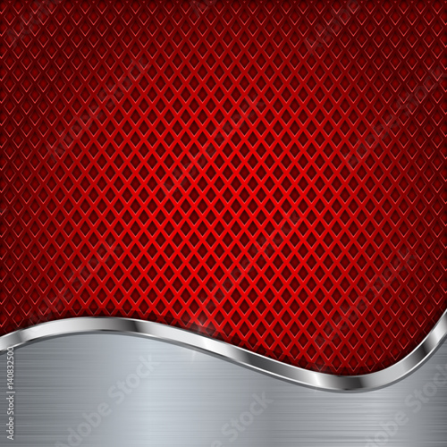 Red metal perforated background with chrome elements. Diamond shape holes