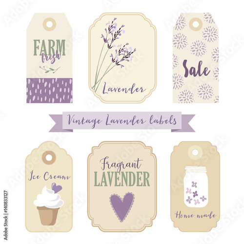 Set of vintage labels and tags with lavender. Isolated vector objects, illustrations.