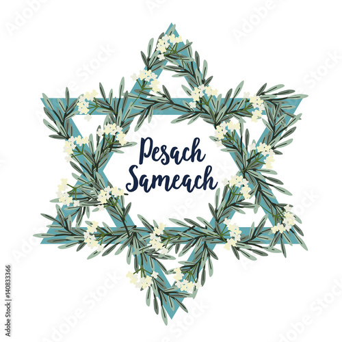 Pesach Passover greeting card with Jewish star, hand drawn olive branches and flowers. Vector illustration background.