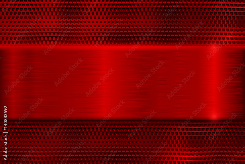 Fototapeta premium Red metal perforated background with square holes. With red stainless steel plate
