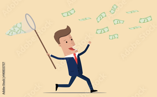 Businessman with a butterfly net trying to catch money. Happy running entrepreneur man using business opportunity to scoop some dollar bills.  vector illustration