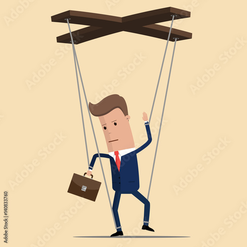 Businessman or manager marionette is hanging on ropes and controlled by hand. Worker marionette on ropes controlled .Vector illustration