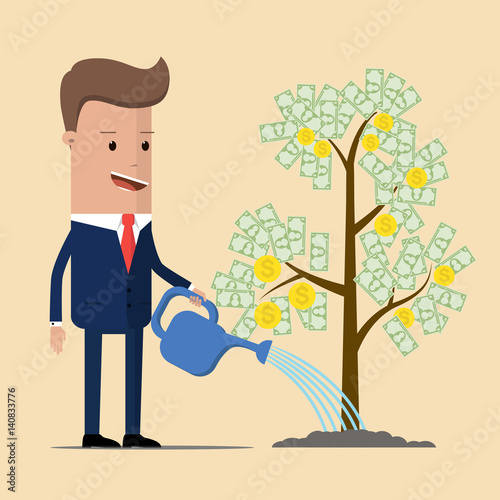 Businessman is watering a tree of money. Increase revenue, investment. vector illustration