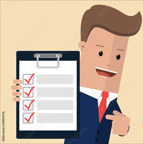 businessman hold clipboard and checklist, A man in a suit shows a business plan. Manager with all tasks done. Vector illustration