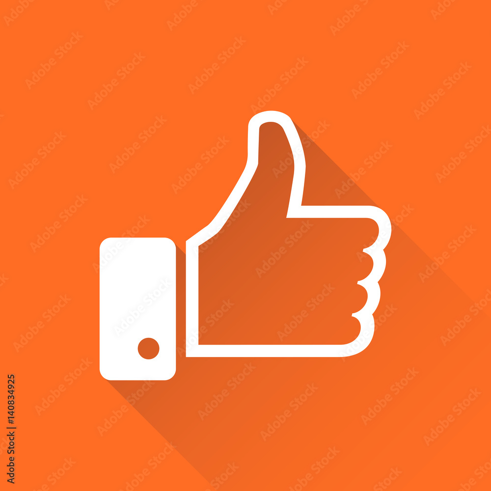 Like icon vector illustration in flat style isolated on orange background with long shadow. Thumb up symbol for web site design, logo, app, ui. Like icon vector illustration in flat style isolated on orange background with long shadow. Thumb up symbol for web site design, logo, app, ui.