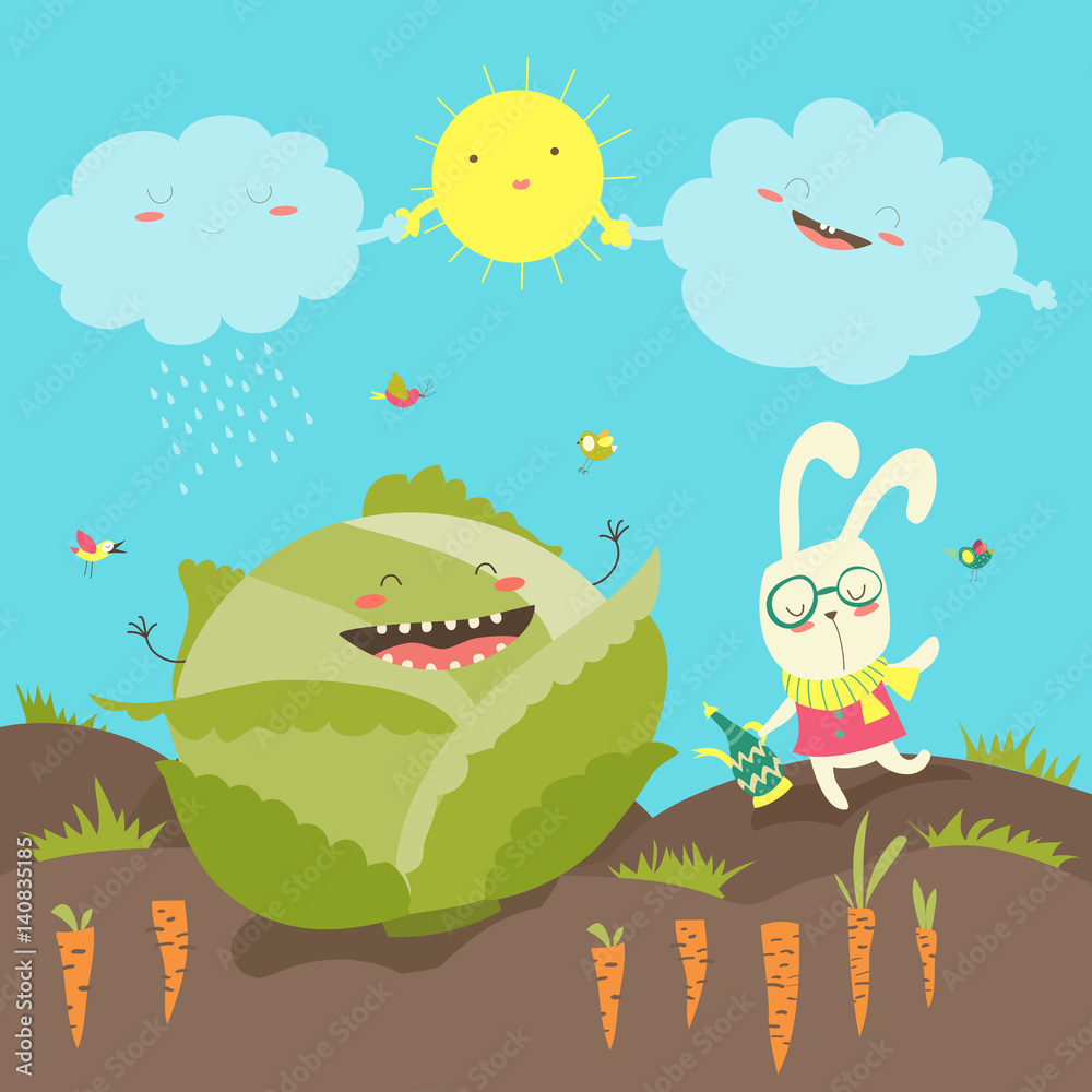 Obraz premium Little rabbit and cabbage field