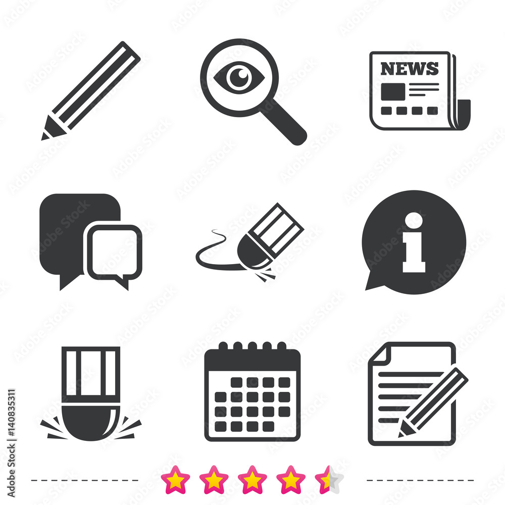 Pencil icon. Edit document file. Eraser sign. Pencil icon. Edit document file. Eraser sign.