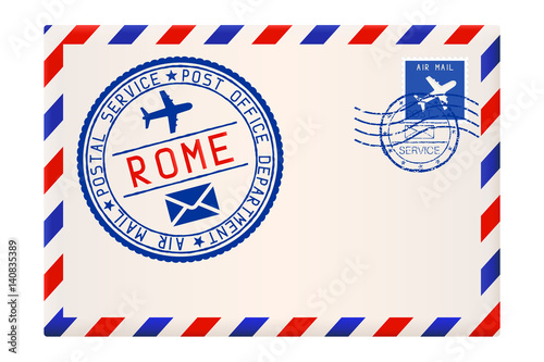 International air mail envelope from ROME, Italy. With round blue postal stamp