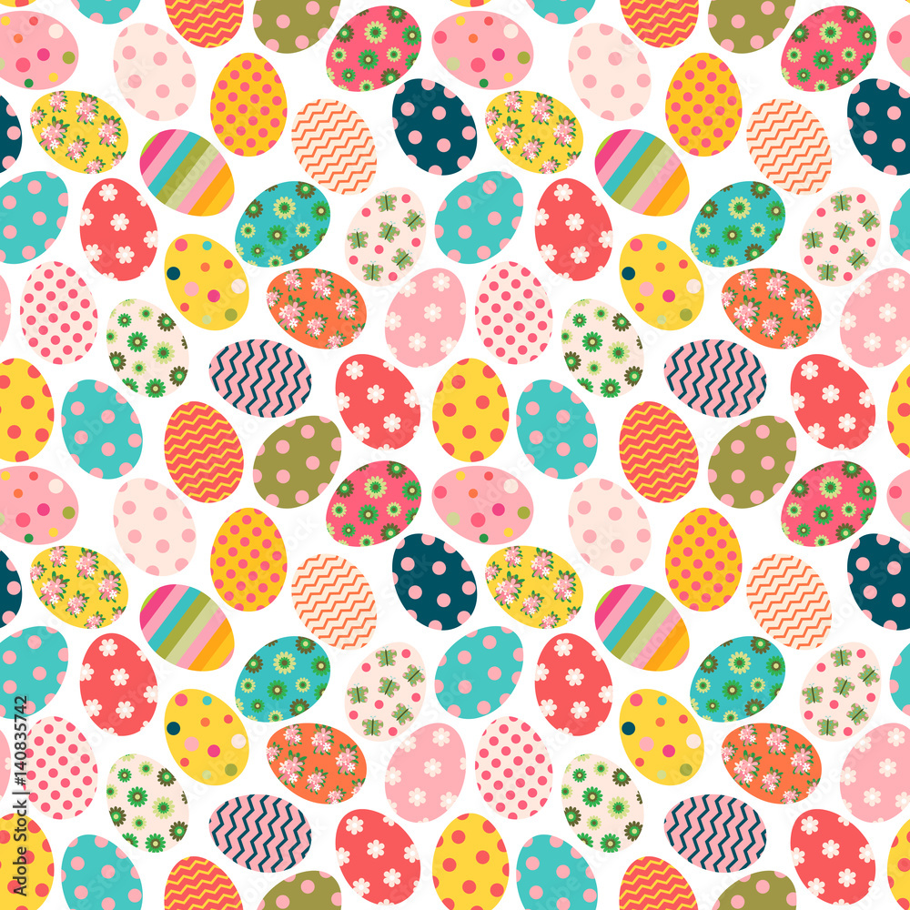 Fototapeta premium Cute colorful Easter seamless pattern background with painted eggs