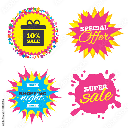 10 percent sale gift box tag sign icon.
