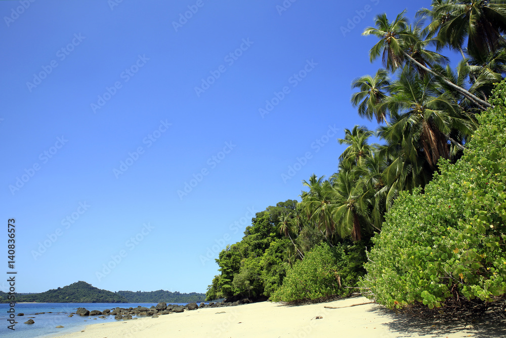 Obraz premium Tropical Beach of Coibita, aka Rancheria, with Isla Coiba in the Background. Coiba National Park, Panama