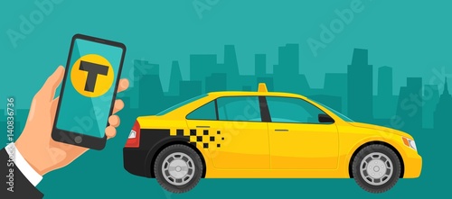 Hand hold phone with interface on a screen booking taxi service.