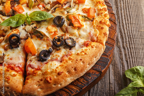 Vegetarian pizza with mozzarella cheese, tomatoes, champignons.