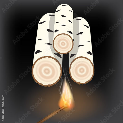 Hemp birch . Lit match . Laying wood in the fireplace . Vector illustration .