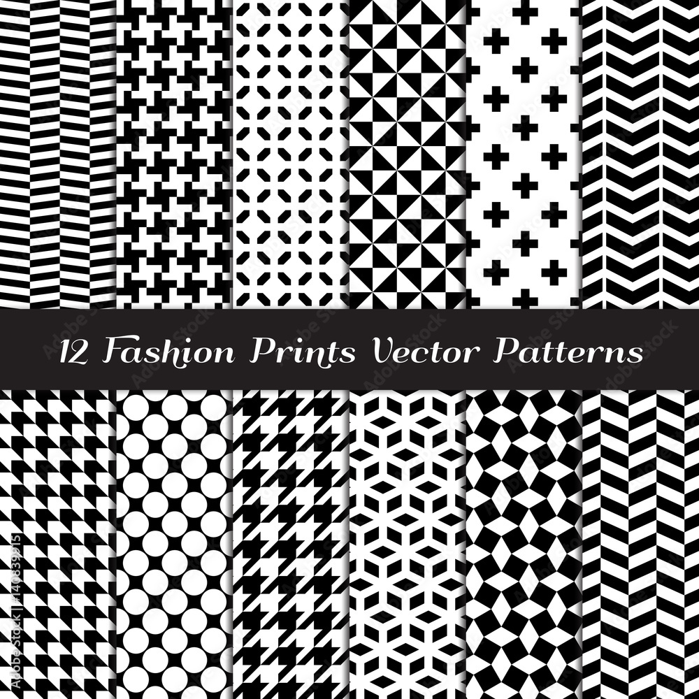 Black and White Fashion Prints Seamless Patterns. Houndstooth