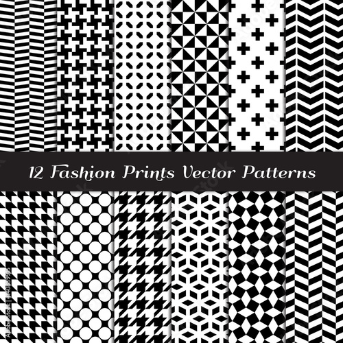 Black and White Fashion Prints Seamless Patterns. Houndstooth, Herringbone, Triangle, Cross, Lattice, Polka Dot and Chevron Geometric Backgrounds. Pattern Swatches Included in Vector File.