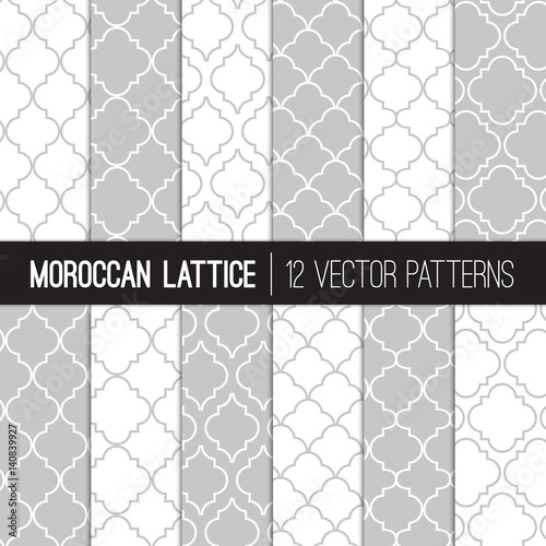 Moroccan Lattice Patterns in White and Silver Grey. Modern Elegant Neutral Backgrounds. Classic Quatrefoil Trellis Ornament. Vector Pattern Tile Swatches Included.