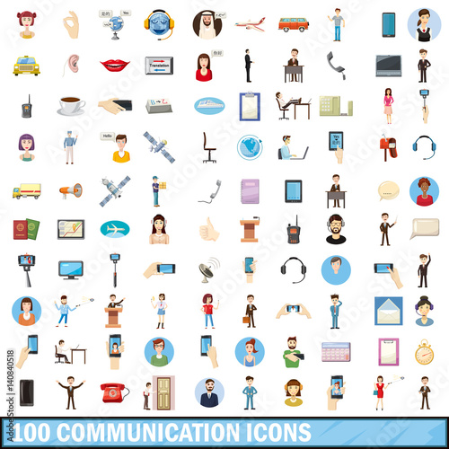 100 communication  icons set, cartoon style