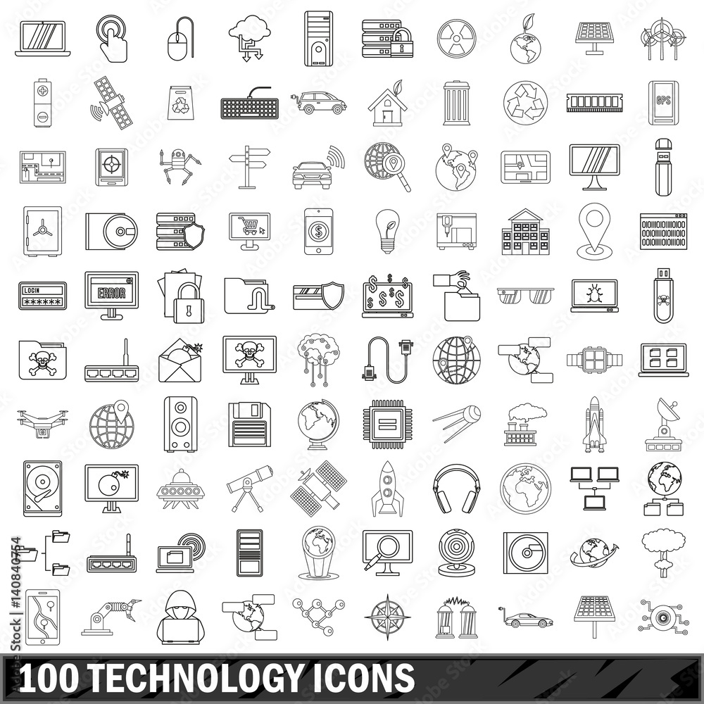 100 technology icons set, outline style