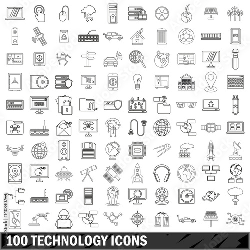 100 technology icons set, outline style