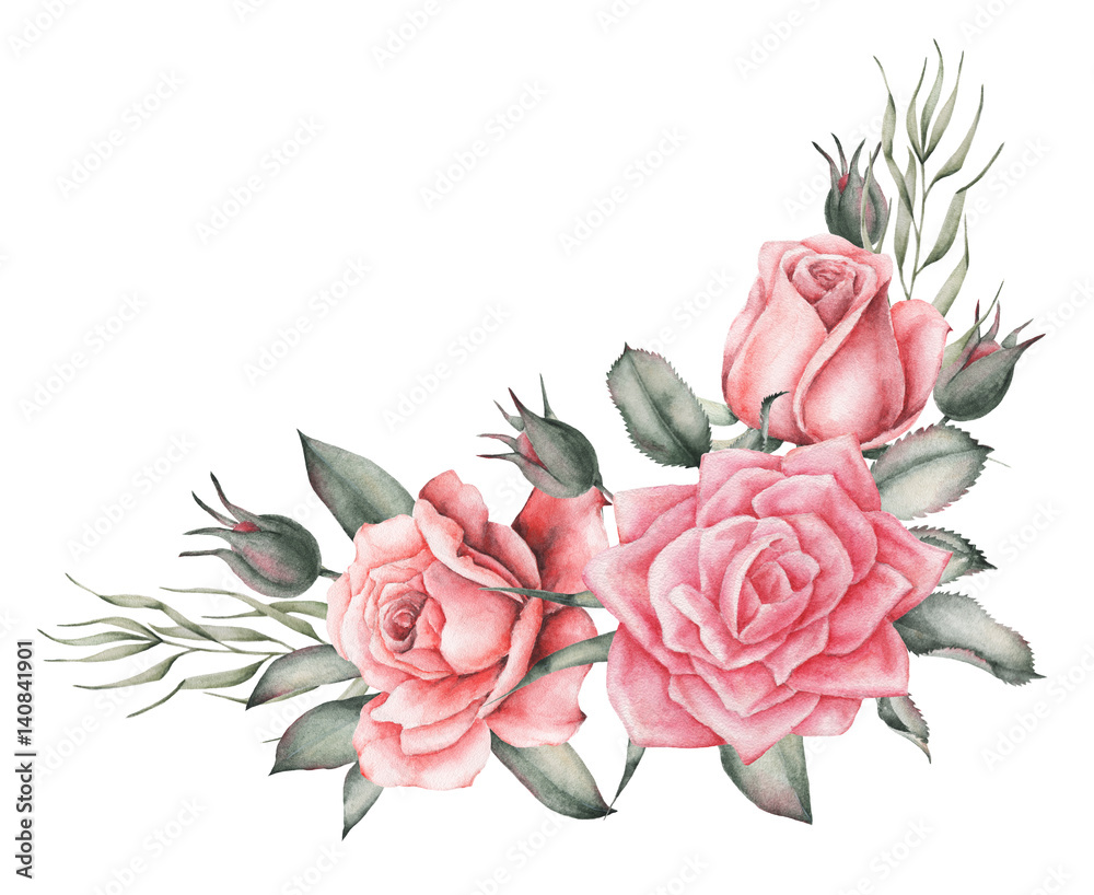 Fototapeta Zaproszenie akwarela z bukietem kwiatów Ręcznie malowane kompozycje kwiatowe na białym tle